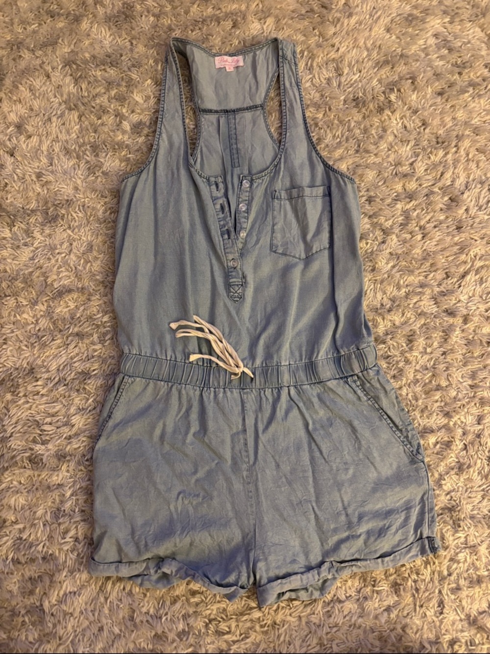 Pink Lily Light Blue Chambray Tank Romper with Drawstring